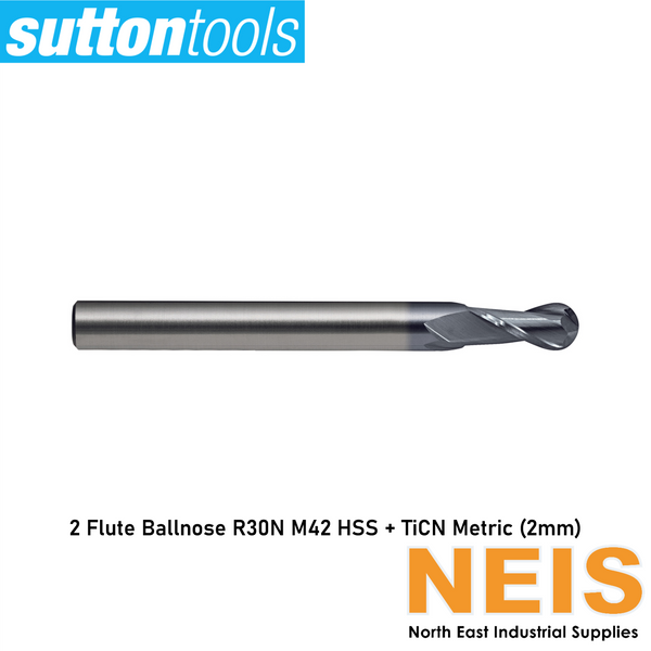 SUTTON TOOLS Slot Drill 2 Flute Ballnose R30N Long Reach 2mm - M42 HSS, TiCN