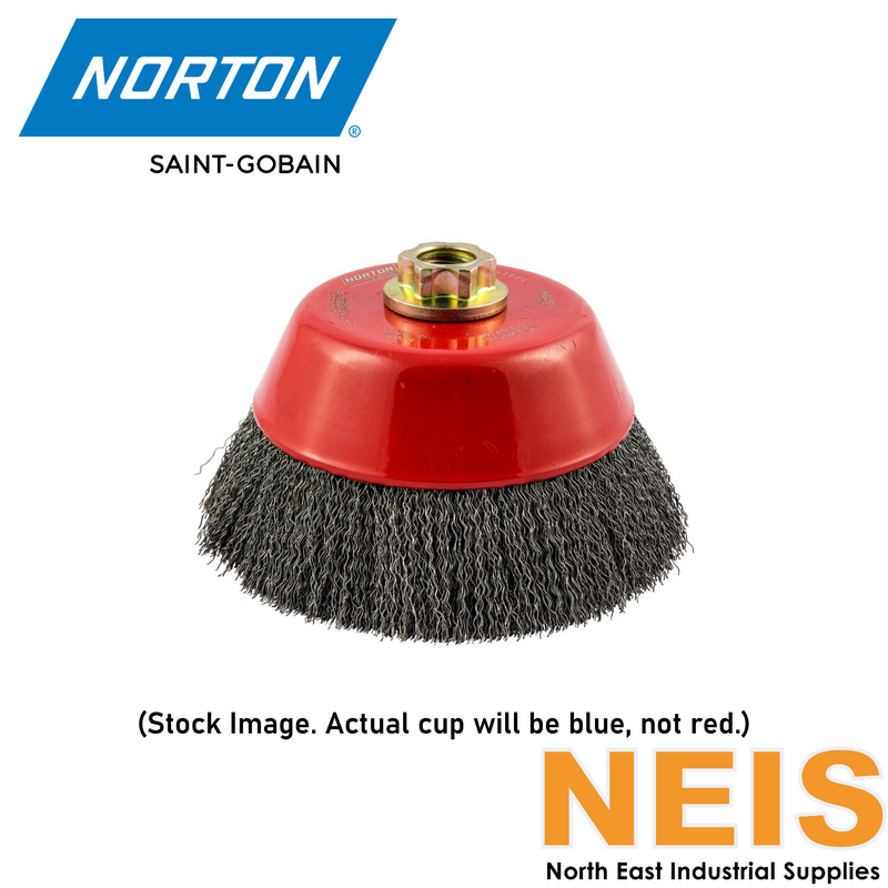 NORTON Crimped Wire Cup Brush Blue Stainless Steel 75mm M14 w/M10 Adapter 210013522 - 15k RPM