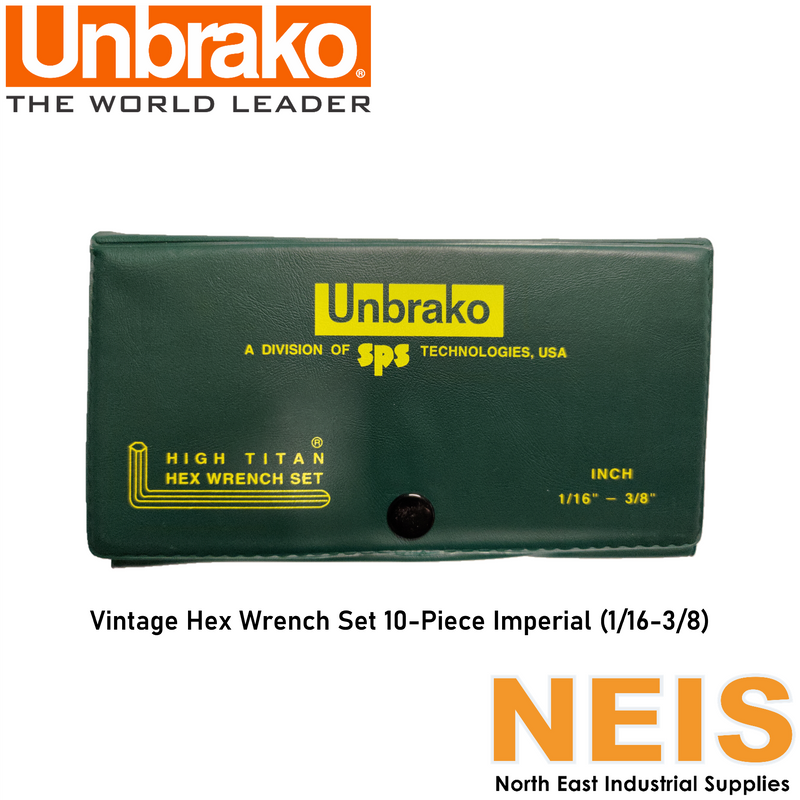 UNBRAKO Hex Allen Key Wrench Set 10pc Imperial 1/16-3/8 - Vintage, High Titan, Alloy Steel, Black Oxide