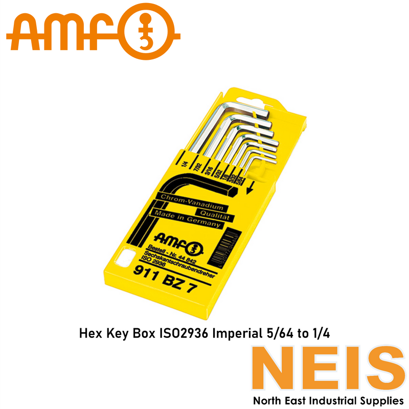 AMF Hexagon Key Box ISO2936 7pc Imperial (5/64 to 1/4) - Chrome-Vanadium
