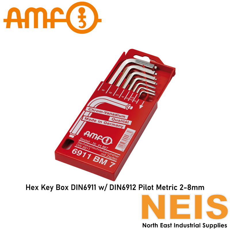 AMF Hexagon Key Box DIN6911 7pc w/ Pilot Metric (2-8mm) - Chrome-Vanadium