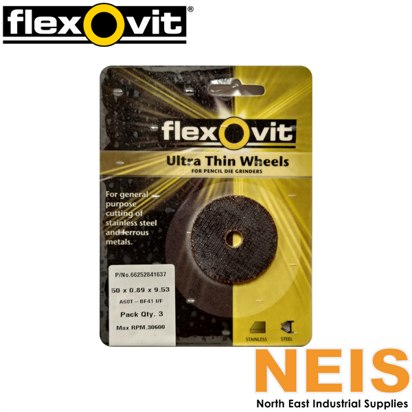 FLEXOVIT Ultra-Thin Abrasive Wheels 50x0.89mm Type 41 Pack of 3 - 30,600 RPM
