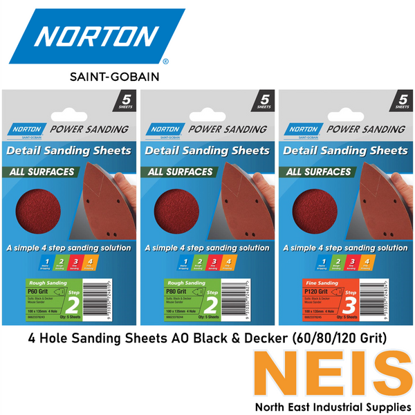 NORTON Detail Sanding Sheets All Surface 4 Hole 5pk (P60/80/120) 6662337824x - Mouse Sander, Aluminium Oxide