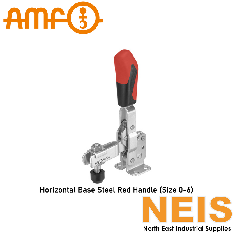 AMF Vertical Toggle Clamps Horizontal Base Steel Red Handle 6800 - Open Arm, Galvanised, Passivated