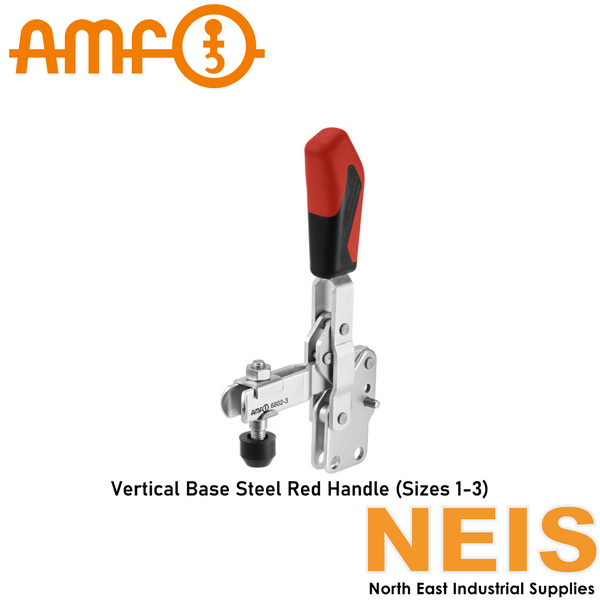 AMF Vertical Toggle Clamps Vertical Base Steel Red Handle 6802 - Open Arm, Galvanised, Passivated