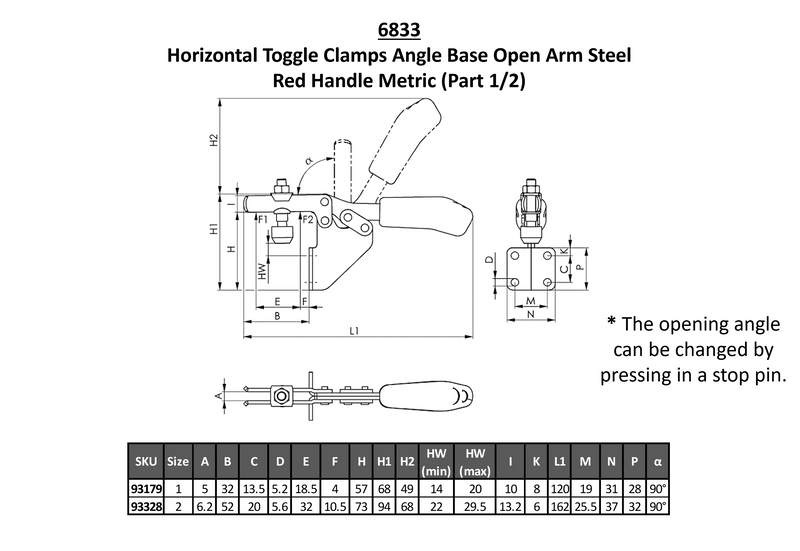 AMF Horizontal Toggle Clamps Angle Base Open Arm Steel Red Handle 6833 - Galvanised, Passivated