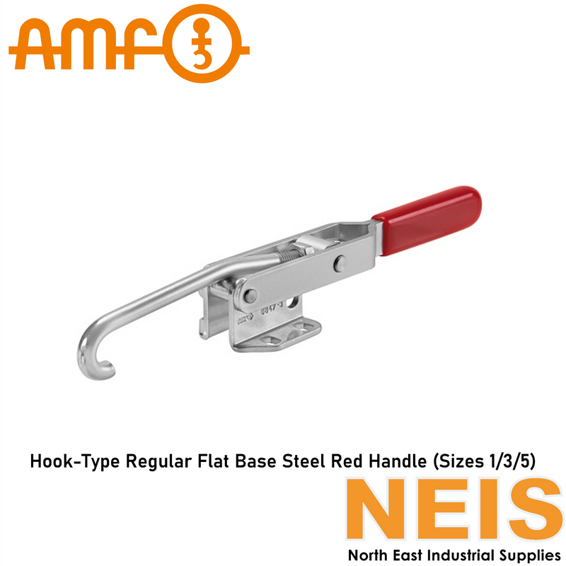 AMF Hook Toggle Clamps Regular Flat Base Steel Red Handle 6847 - Galvanised, Passivated