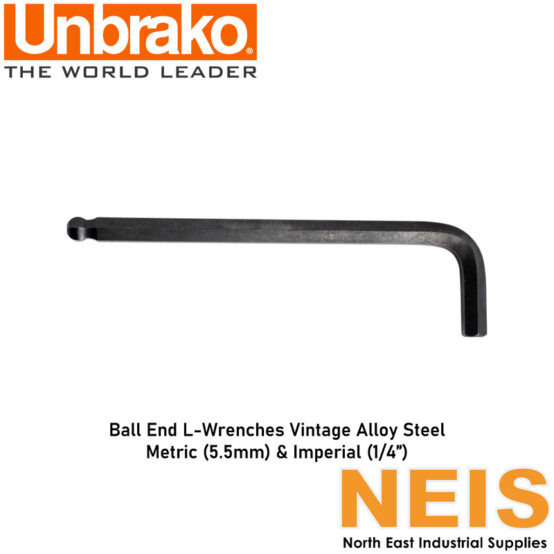 UNBRAKO Ball End L-Wrenches Vintage Alloy Steel Metric (5.5mm) & Imperial (1/4")