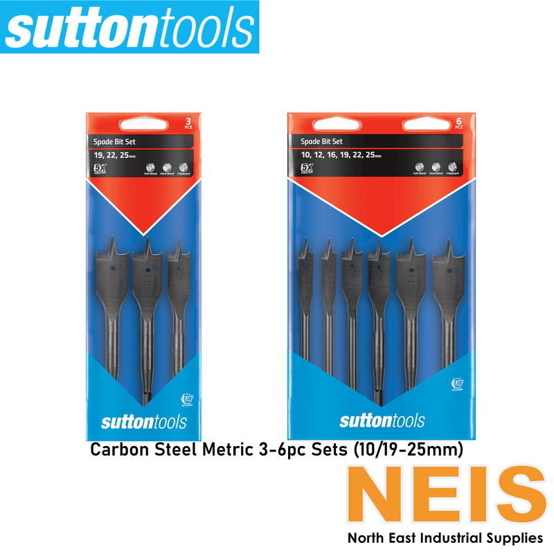 SUTTON TOOLS Spade Bit Sets Carbon Steel Metric 3-6 Piece (19-25mm/10-25mm) D501SSx - Bright, Manganese Phosphate, 1/4" Hex Shank