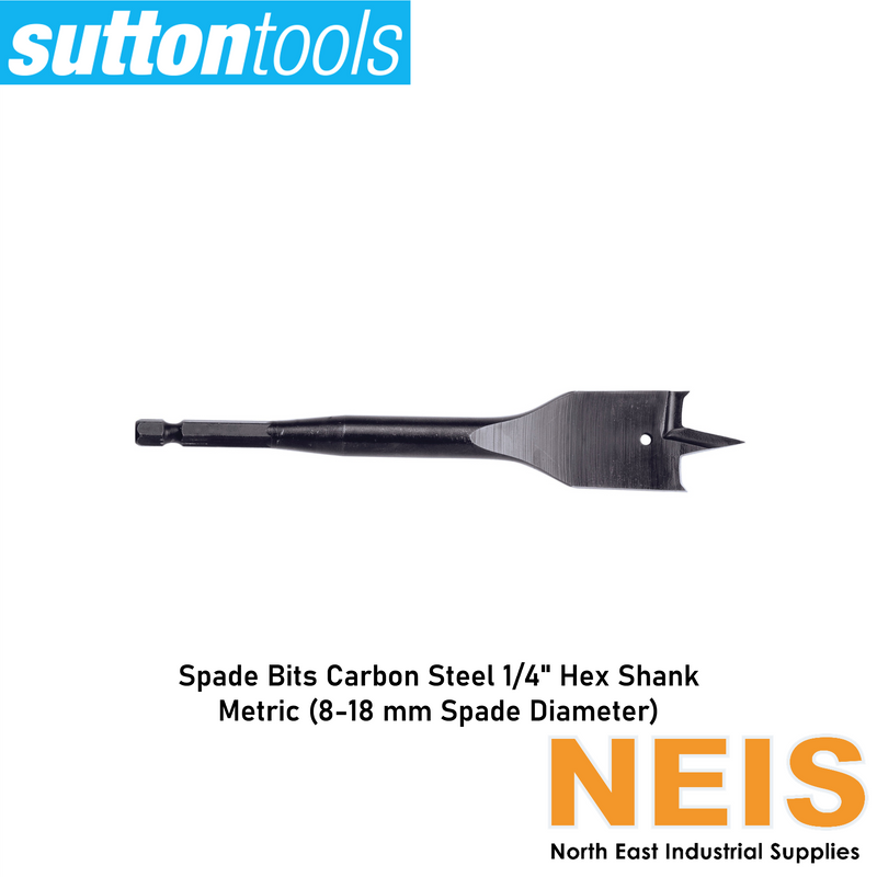 SUTTON TOOLS Spade Bits Carbon Steel Metric (8-18 mm) D501 - Bright, Manganese Phosphate, 1/4" Hex Shank