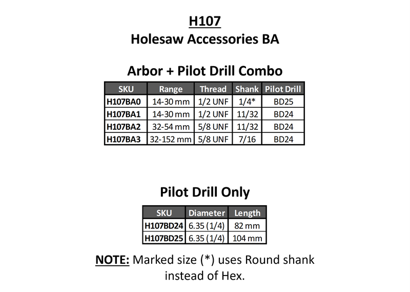 SUTTON TOOLS Holesaw Accessories BA Arbor/Pilot Drill Imperial H107