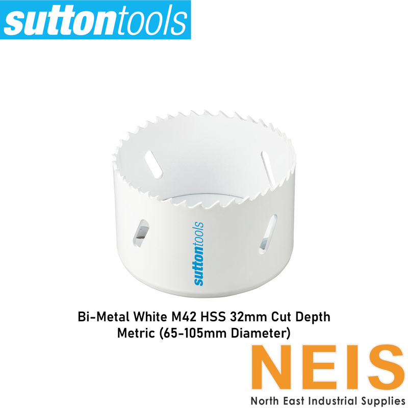 SUTTON TOOLS Bi-Metal Cobalt Holesaws White Metric (65-105 mm) H125 - M42 HSS, 32mm Cutting Depth