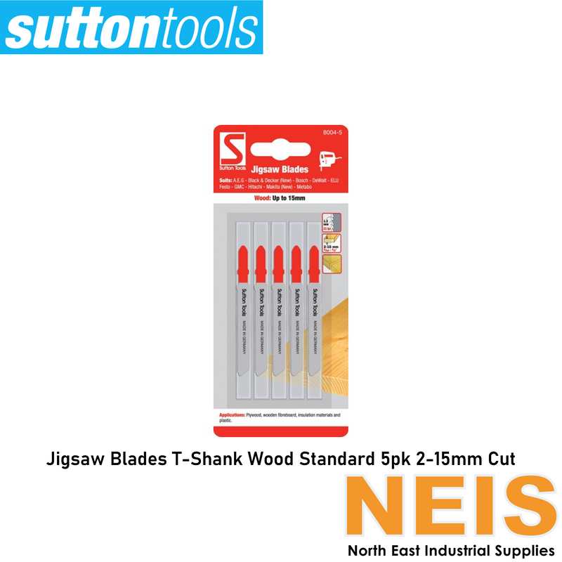 SUTTON TOOLS Jigsaw Blades T-Shank Wood Standard 5pk 2-15mm Cut H4058004 - Tool Steel
