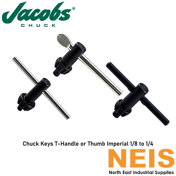 JACOBS Chuck Keys T-Handle or Thumb Imperial 1/8 to 1/4 - Steel, Nickel/Black, 11 TPI