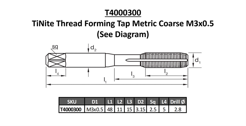 SUTTON TOOLS TiNite Thread Forming Tap Metric M3x0.5 - HSSE V3, Short