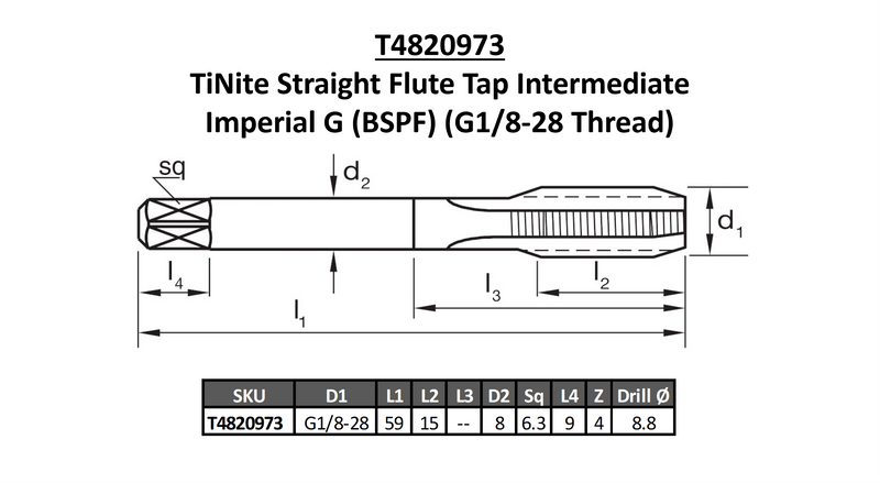 SUTTON TOOLS TiNite Straight Flute Tap Intermediate BSPF G1/8-28