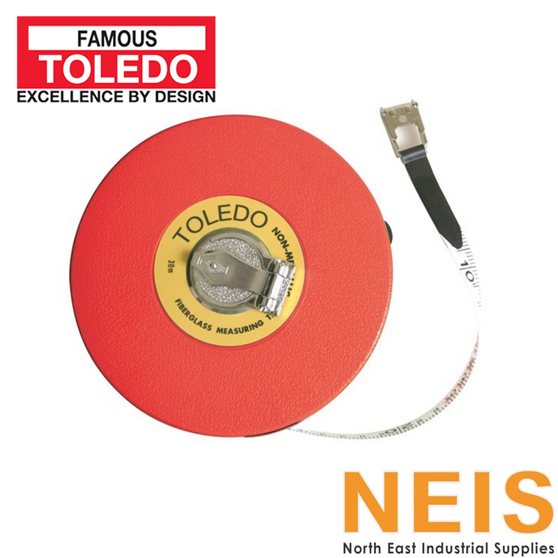 TOLEDO Measuring Tape Fibreglass Non-Metallic Metric 30m TF30M - Waterproof, Double-Sided, Graduated
