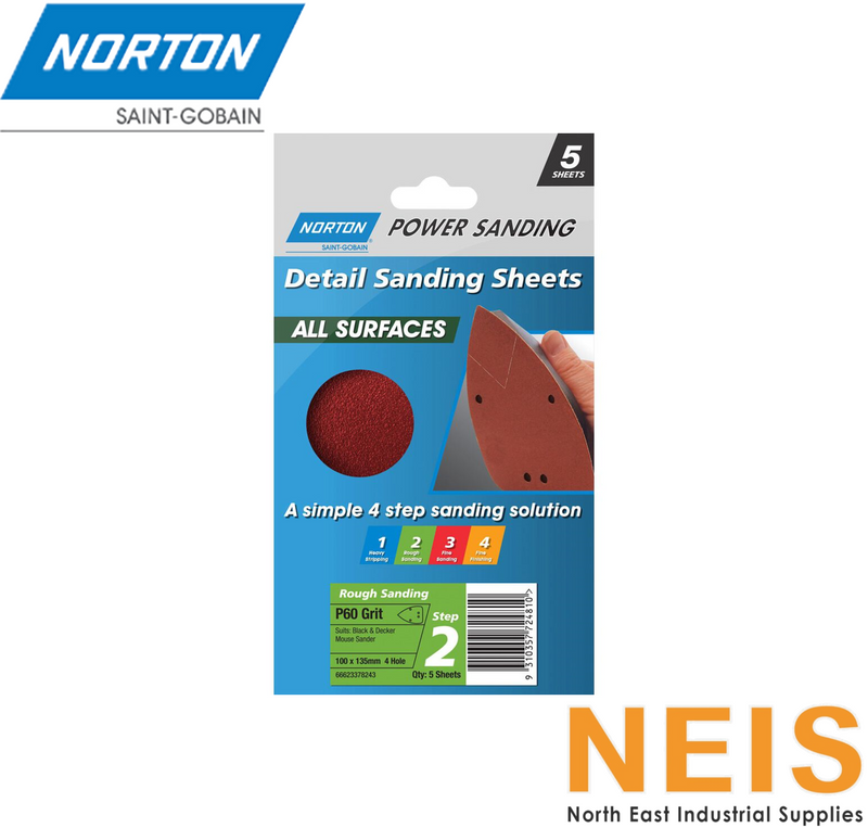 NORTON Detail Sanding Sheets All Surface 4 Hole 5pk (P60/80/120) 6662337824x - Mouse Sander, Aluminium Oxide